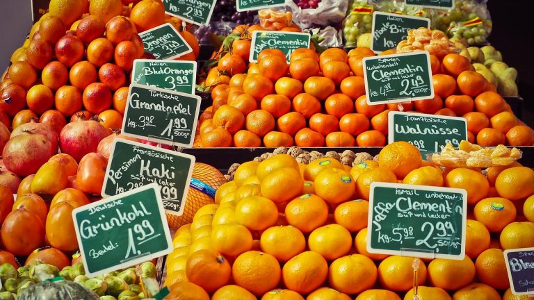 fruit stand, fruits, produce, harvest, organic, fresh produce, farmer's market, market stall, healthy, food, sale, vitamins, oranges, clementines, fresh fruits, sale, sale, sale, sale, sale